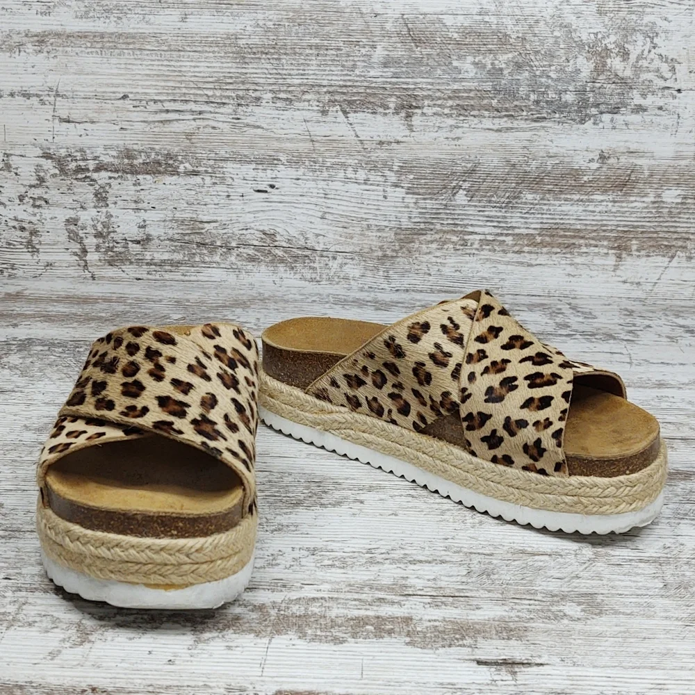 Like New Office Girl Leopard Calf Hair Flatform Espadrille Slide Sandal - Picture 6 of 16